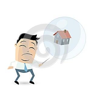 Concerned businessman with house in a soapbubble and a needle