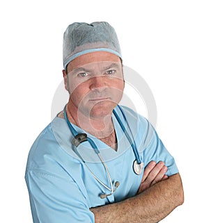 Concerned Doctor in Scrubs