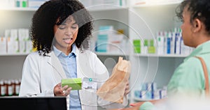 Concerned pharmacist assisting an upset and angry customer in a local pharmacy. Female client returning medication and