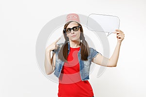 Concerned woman in 3d glasses with bucket for popcorn on head watching movie film, poiting index finger on say cloud