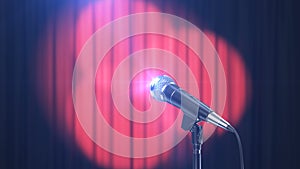 Concert background, microphone and curtains with rotating spotlights, beautiful seamless looped 3d animation. 4 k