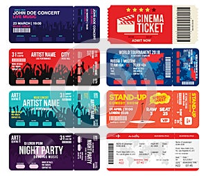 Concert, cinema, airline and football ticket templates. Collection of tickets mock up for entrance to different events photo