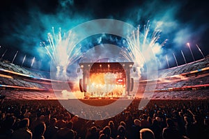 Concert crowd in front of a big stage with fireworks in the night, A live event, such as a concert or halftime show, taking place