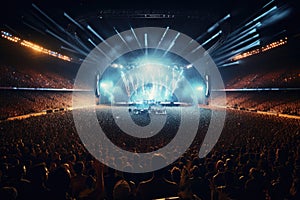 Concert crowd in front of bright stage lights and stage lights, A live event, such as a concert or halftime show, taking place at