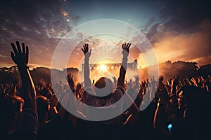 Concert crowd in front of a bright stage at a music festival, Crowd raising hand in the air and enjoying concert on a festival, AI