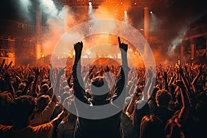 Concert crowd with hands raised in front of a live concert stage, cheering crowd at a rock concert, AI Generated