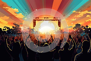 Concert crowd with hands raised at sunset or sunrise. Vector illustration, Crowd at a concert - summer music festival, AI