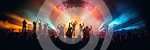 Concert crowd shadows against vibrant colorful stage lights. silhouette concept