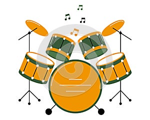 Concert drum set, musical instruments. Yellow green design. Illustration, icon vector