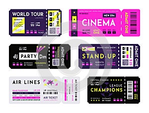 Concert or festival ticket. Event coupon template. Cinema or music party entry pass. Soccer entrance. Rock DJ show