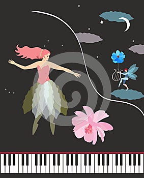 Concert grand piano, cute ballerina, winged elf with lire, moon, stars and clouds in night sky and blue and pink gentle flowers