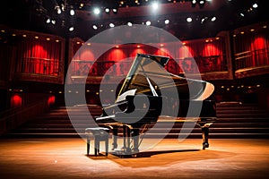 A concert hall with a grand concert piano on the stage with lights