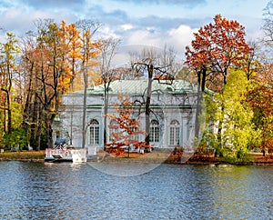 Concert Hall on the island of grand pond in autumn in Catherine park, Pushkin, Saint Petersburg, Russia