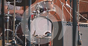 Concert, a man playing the drums. Musical performance and virtuosity of playing