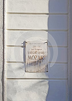 Concert memorial board made of marble for the first concert of composer wolfgang amadeus mozart in bratislava