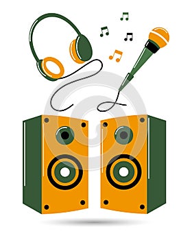 Concert microphone, headphones and speakers, musical instruments. Yellow green design. Illustration, icons