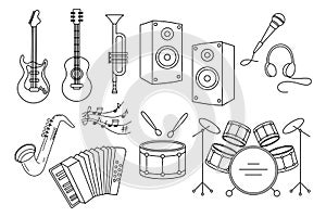 Concert musical instruments, set. Guitars, drums, saxophone, trumpet, microphone, accordion and speakers, line art. Sketch