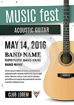 Concert poster with acoustic guitar. Vector illustration