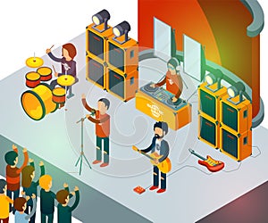 Concert scene. Isometric rock band singing people entertainment crowd vector concept