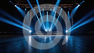 Concert stage and blue spotlights, smoke on the stage. Background for advertising. Concert, performance. AI generative