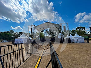 concert stage. Empty concert stage at an outdoor concert without audience, performers. concert stage on field