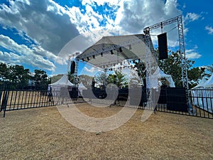 concert stage. Empty concert stage at an outdoor concert without audience, performers. concert stage on field