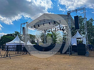 concert stage. Empty concert stage at an outdoor concert without audience, performers. concert stage on field