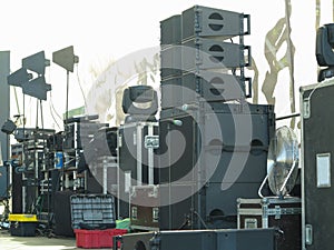 Concert stage equipment, speakers, amplifiers, lights, musical instruments photo