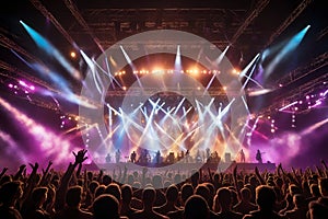 concert stage illuminated with colorful lights and silhouette of cheering crowd