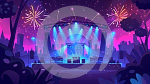 Concert stage at night. Modern cartoon illustration of platform with spotlights and speakers, seats for audience