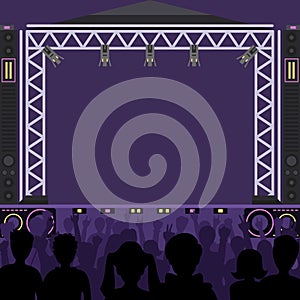 Concert stage scene vector music stage and night concert party. Young pop group fun zone people silhouette concert crowd