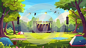 Concert stage in a summer park. Modern cartoon illustration of concert equipment, microphones, spotlights, displays