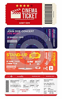 Concert and stand up comedy show tickets. Cinema ticket and airplane boarding pass. Big set of tickets templates