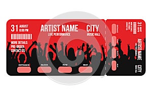 Concert ticket template. Concert, party or festival ticket design template with people crowd on background