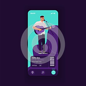 Concert tickets booking application smartphone interface vector template. Mobile app page dark design layout