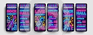 Concert Tickets Collection Design Template in Modern Trend Style. Rock Concert Tickets Vector Illustration, Neon Style