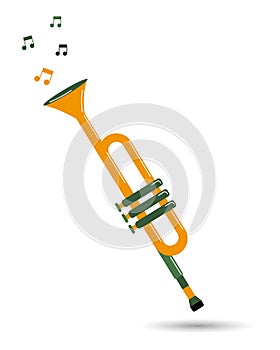 Concert trumpet and notes, musical instruments. Yellow green design. Illustration, icon vector