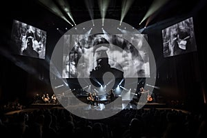 concert venue with images of past performers projected onto the stage and crowd