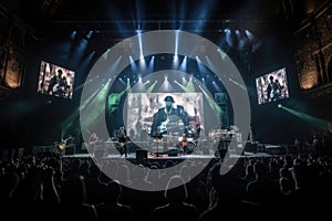 concert venue with images of past performers projected onto the stage and crowd