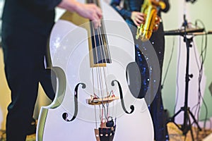 Concert view of contrabass violoncello player with vocalist and music band during jazz orchestra band performing music,