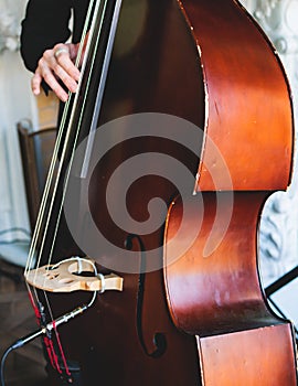Concert view of contrabass violoncello player with vocalist and musical band during jazz orchestra band performing music,