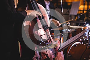 Concert view of a contrabass violoncello player with vocalist and musical during jazz orchestra band performing music, photo