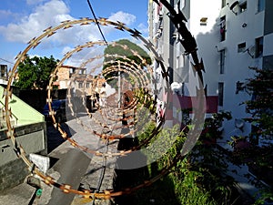 Concertina wire fence in industrial area