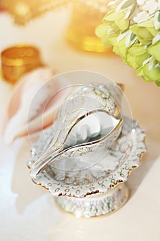 Conch shell on glod tray in tradition Thai wedding ceremony