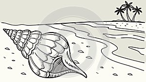 Conch Shell on Tropical Beach with Palm Trees, vector design Generative AI