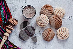 Conchas bread and mexican hot chocolate traditional breakfast in Mexico