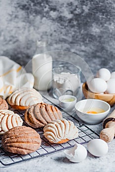 Conchas mexican bread top view baking ingredients in Mexico