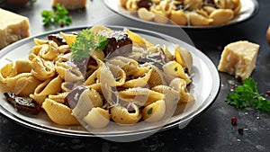 Conchiglie pasta with mushrooms, creamy sauce, parmesan cheese and herbs