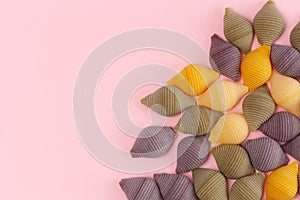 Conchiglie Rigate pasta shells on pink background.