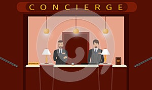 Concierge desk service. Front view of hotel concierge counter with two hotel employee.